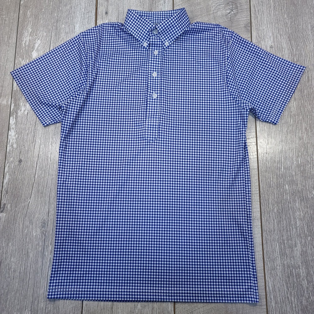 Collars & Co Polo Shirt Mens Small Blue Gingham Short Sleeve Button Down Collar